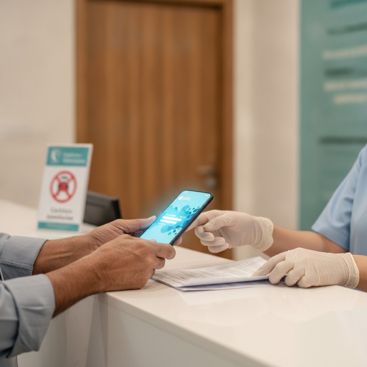 Cashless eye care in Nashik — a patient handing a health insurance card at the Bapaye Eye Hospital billing counter