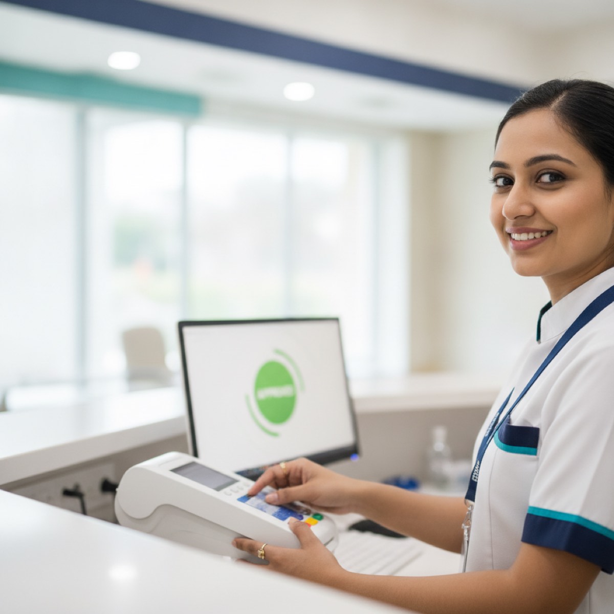 Hospital staff processing a cashless health insurance card at Bapaye Eye Hospital, Nashik