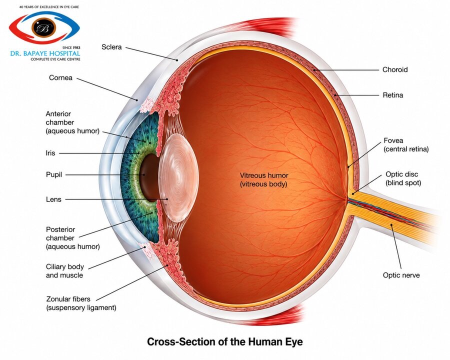 Labelled cross-section of the human eye showing cornea, iris, lens, vitreous, retina, macula, sclera and optic nerve