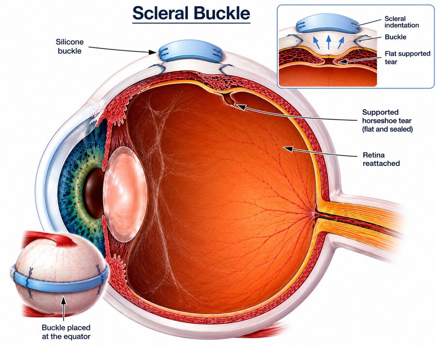 Scleral buckle — a soft silicone band stitched around the eye to indent the wall and seal the tear