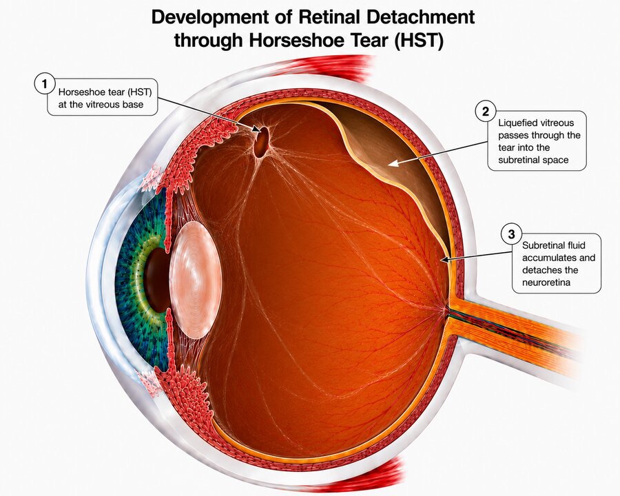 Step by step, fluid creeps behind the retina through a tear, progressively detaching it