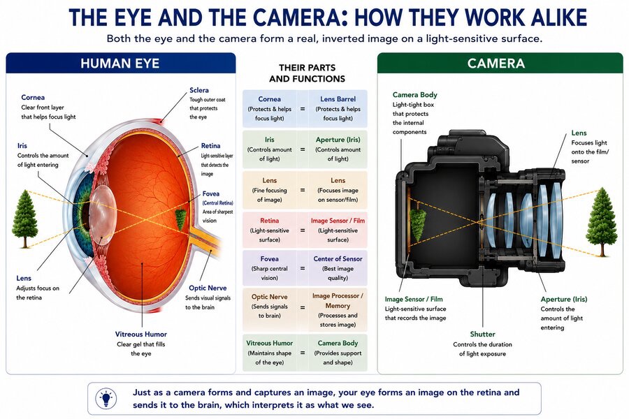 The eye compared to a camera — cornea and lens focus light onto the retina