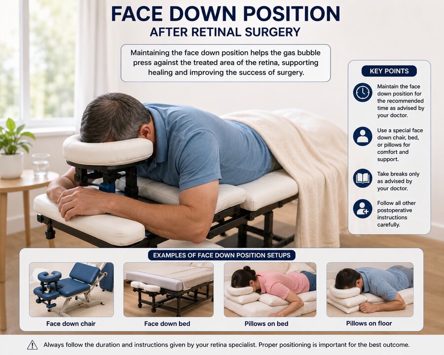 Face-down positioning tools — a face-down chair, face-down bed, and pillows to maintain the prone position