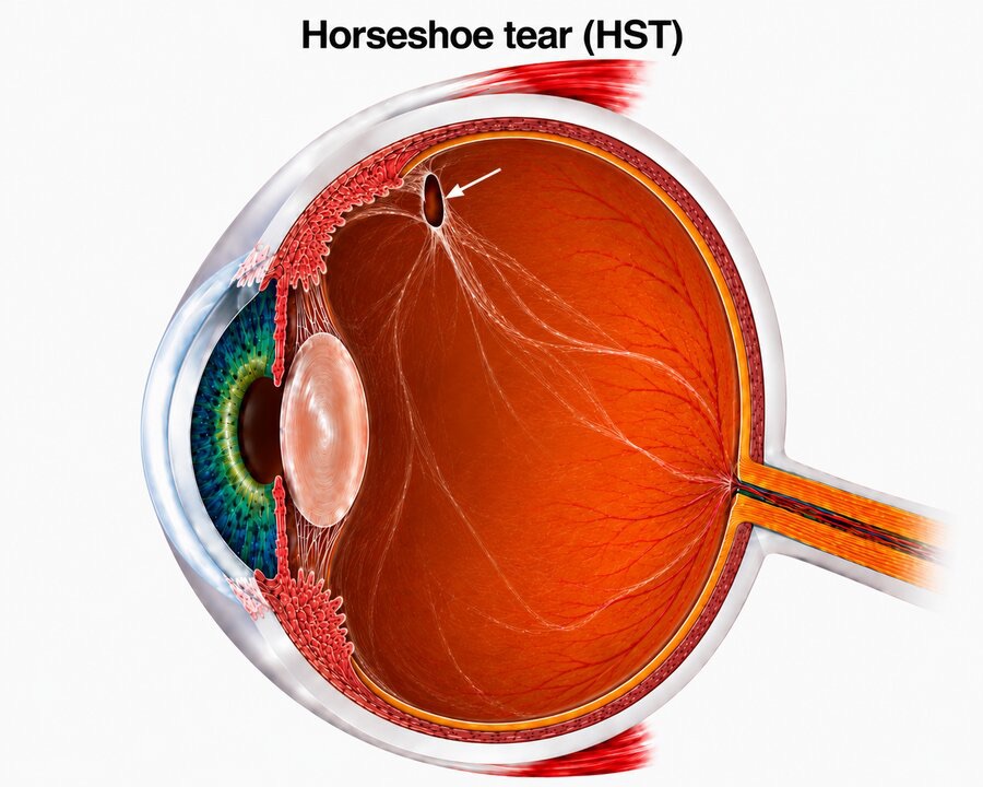 A horseshoe tear — a U-shaped break in the retina caused by the vitreous pulling away