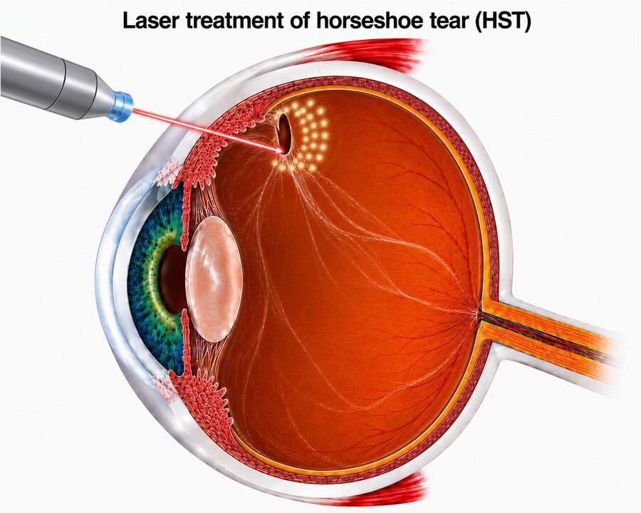 Laser burns placed in a ring around a horseshoe tear to seal it