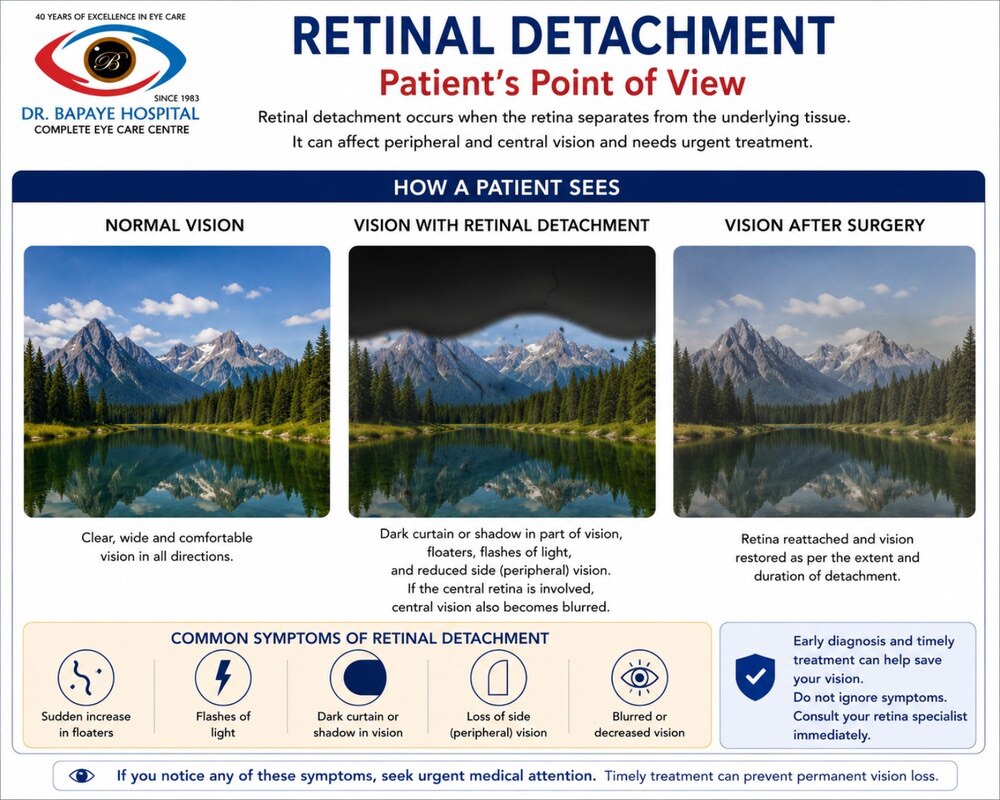 Patient's point of view — normal vision, vision with retinal detachment, and vision after surgery