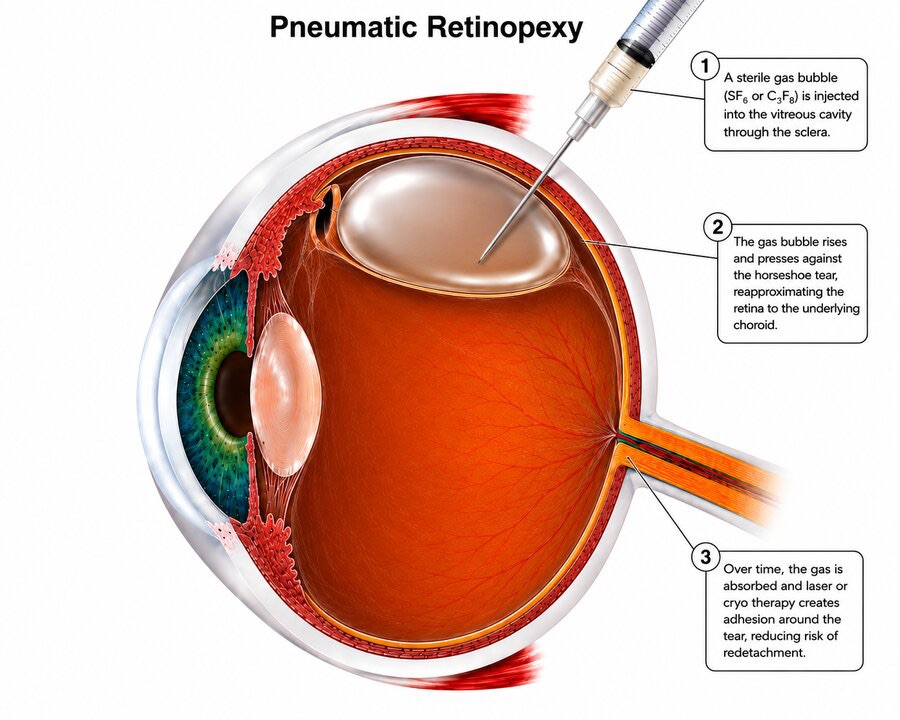 Pneumatic retinopexy — a gas bubble injected into the eye pushes the torn retina back