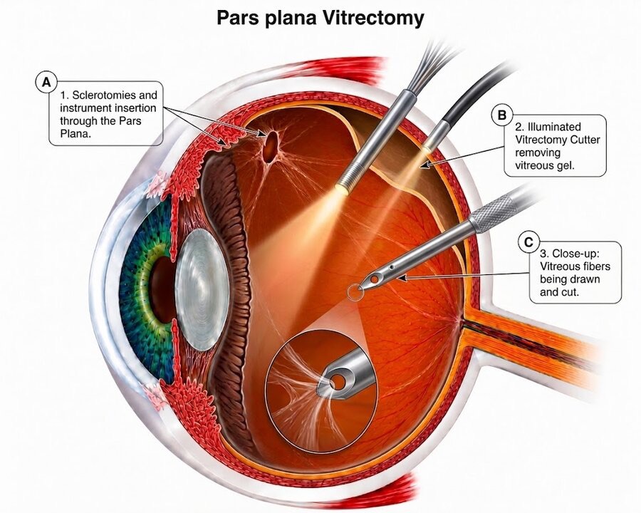 Vitrectomy — three tiny cuts, an illuminated cutter removes the vitreous, and the retina is secured with laser
